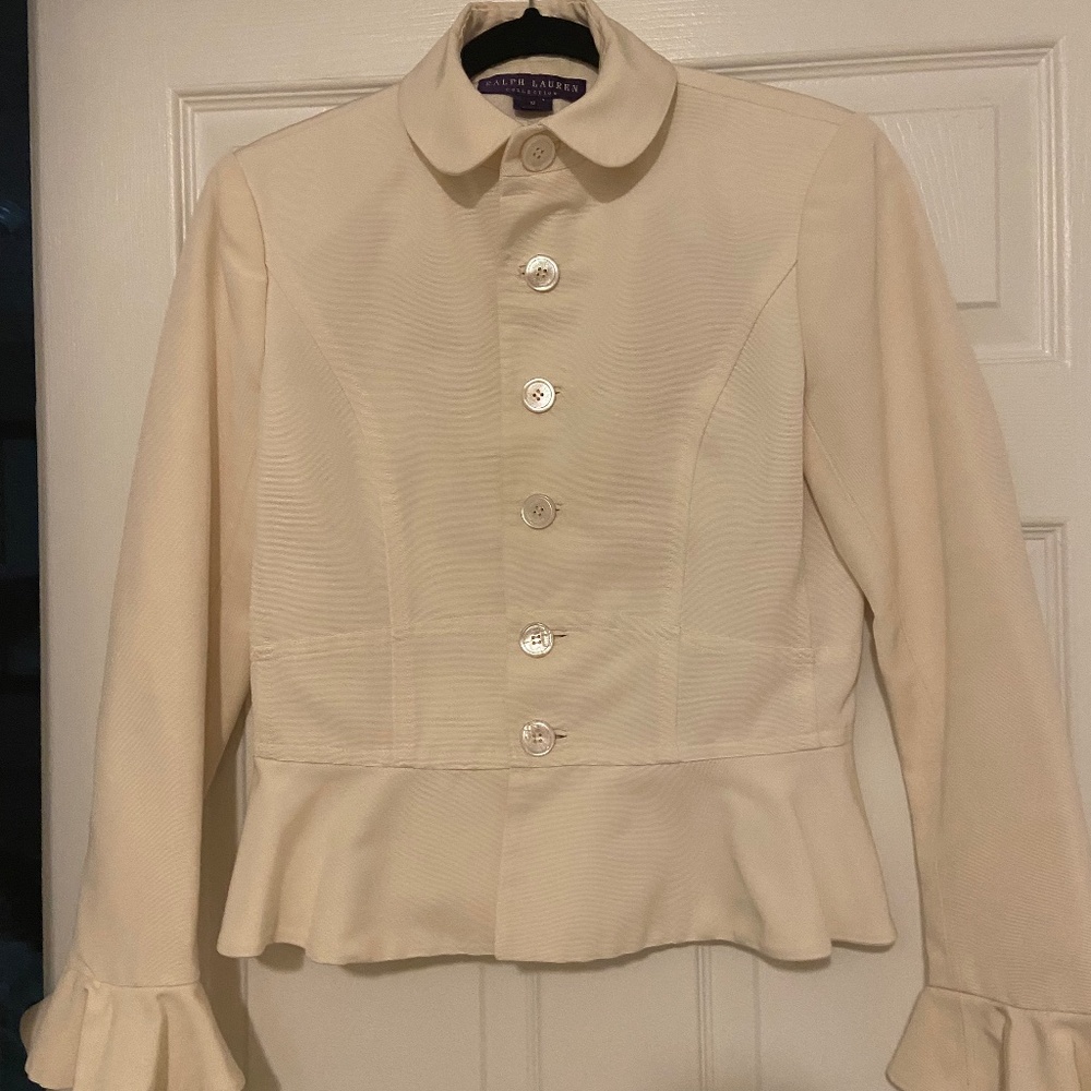 Ralph Lauren Purple Label Cream Peplum Blazer Jacket Cotton Silk Size 10